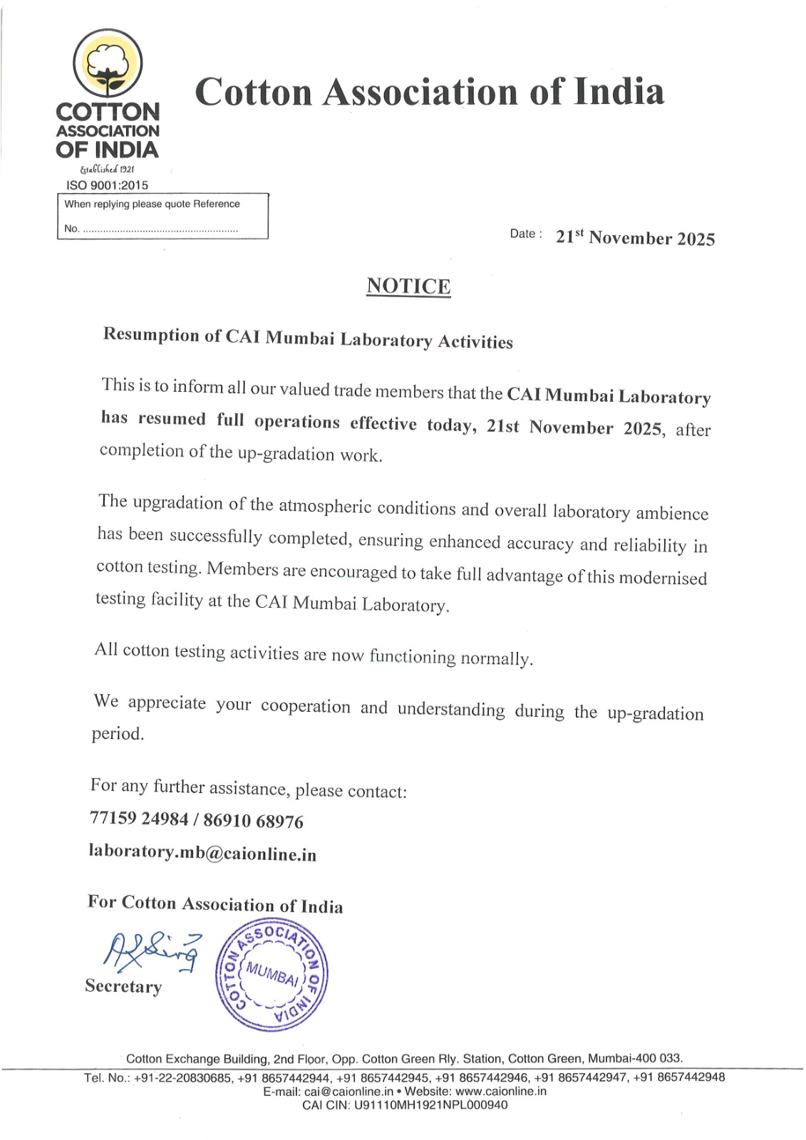 Resumption of CAI Mumbai Laboratory Activities